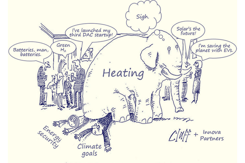 A drawing of an elephant in the room described as "Heating" which sits on people marked as "Energy security" and "Climate goals". The elephant thinks "Sigh" and people around discuss clean energy.